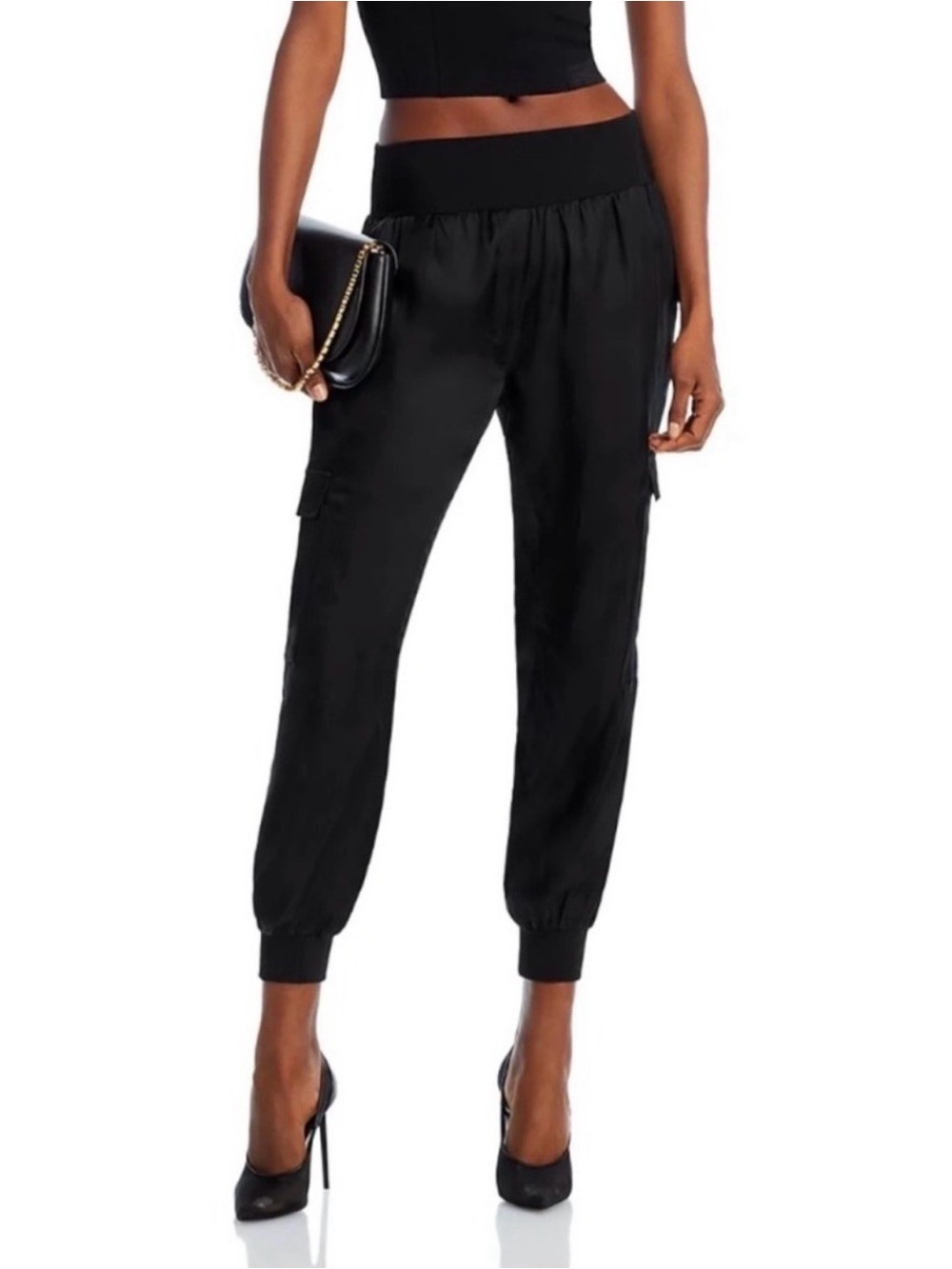 Cinq A Sept Giles Chic Luxe Dressy Black Satin Cargo Joggers Women's Size XXS
